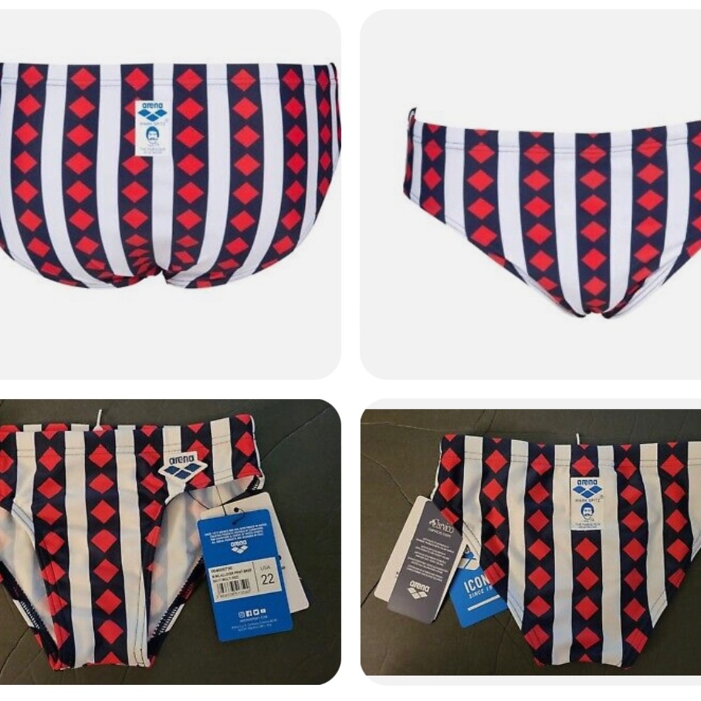 Arena Navy- Multi Red Mark Spitz Allover Print Swim Brief, Size 22